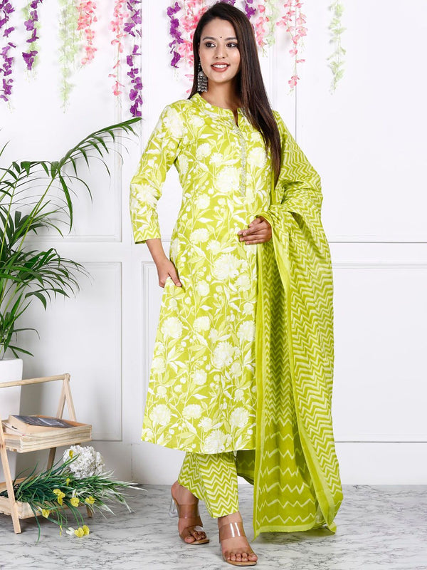 Swasti Floral Printed Sequinned Pure Cotton Straight Kurta With Trousers & Dupatta - Distacart