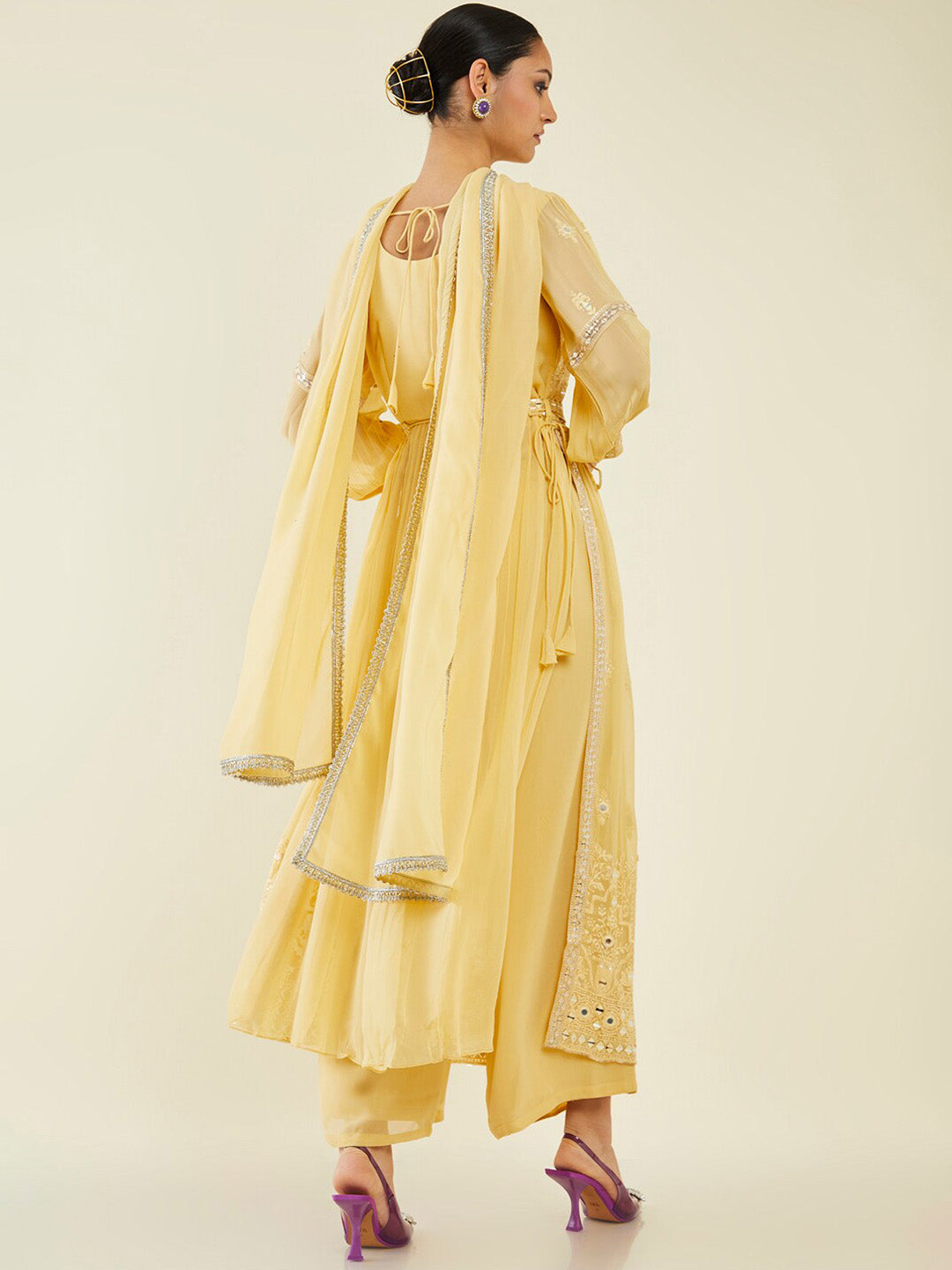 Soch Floral Embroidered Mirror Work Kurta With Palazzos & Dupatta - Distacart