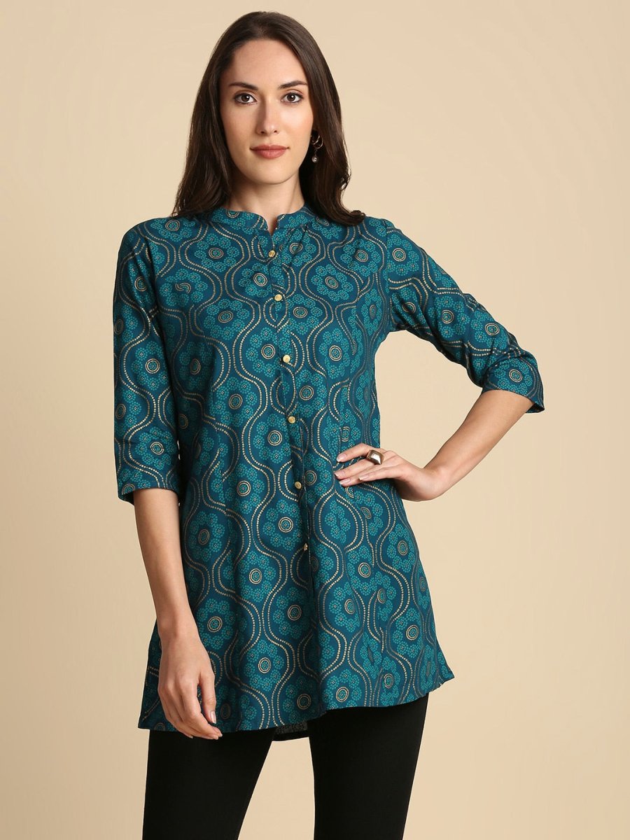 Anubhutee Women Teal Blue & Beige Ethnic Motifs Printed Straight Kurti - Distacart
