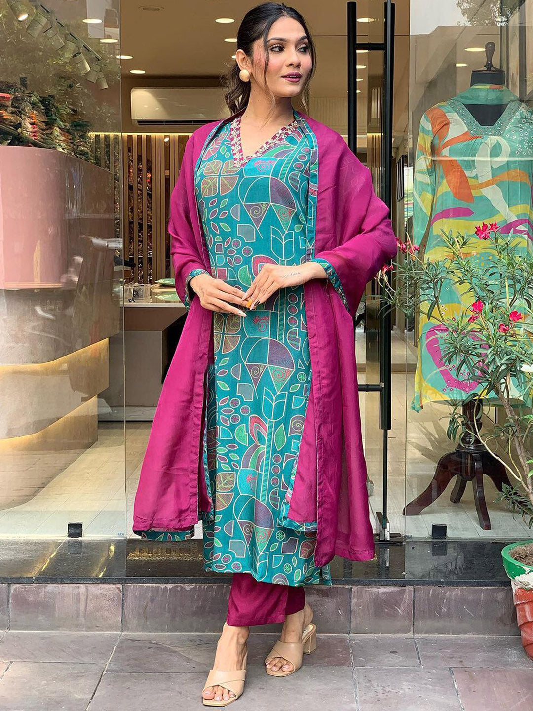 Kalini Floral Printed V-Neck Thread Work Regular Kurta With Trousers & Dupatta - Distacart