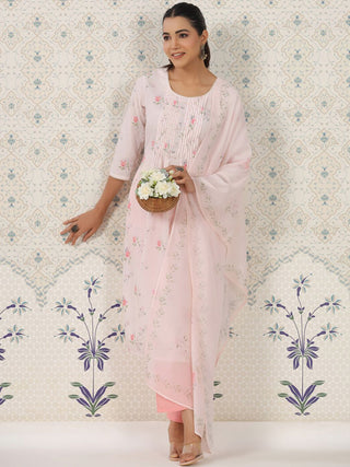 Ode by House of Pataudi Floral Printed Pleated Kurta & Trousers With Dupatta - Distacart