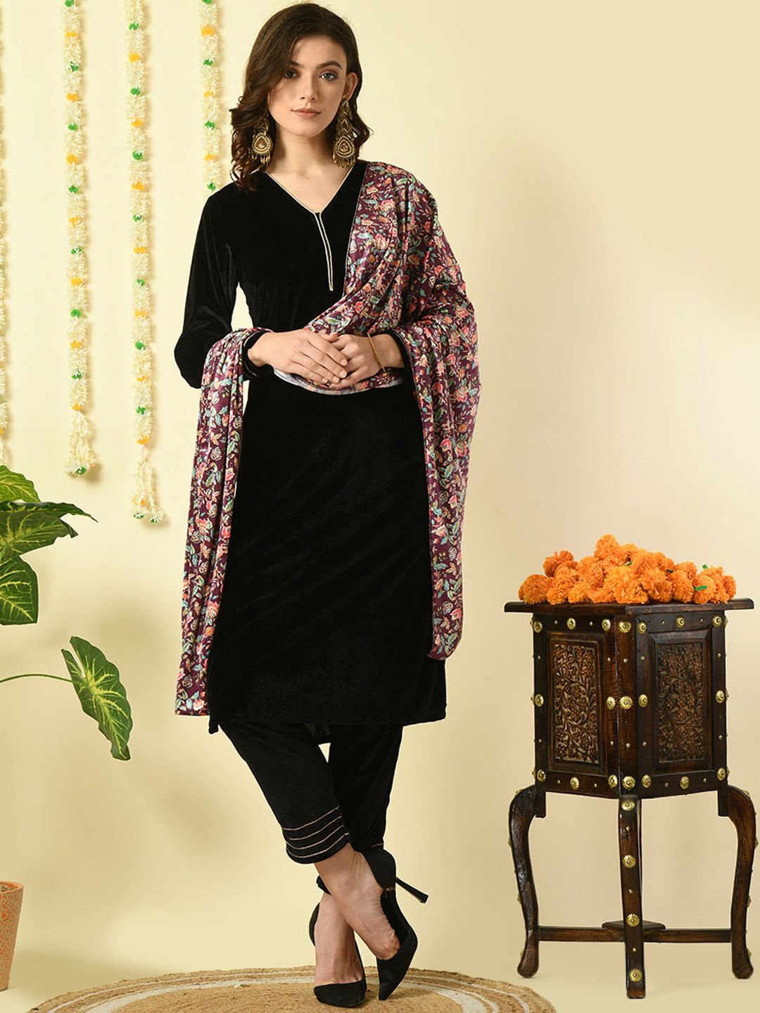 Kalini V Neck Long Sleeves Velvet Gotta Patti Straight Kurta with Trousers & Dupatta - Distacart