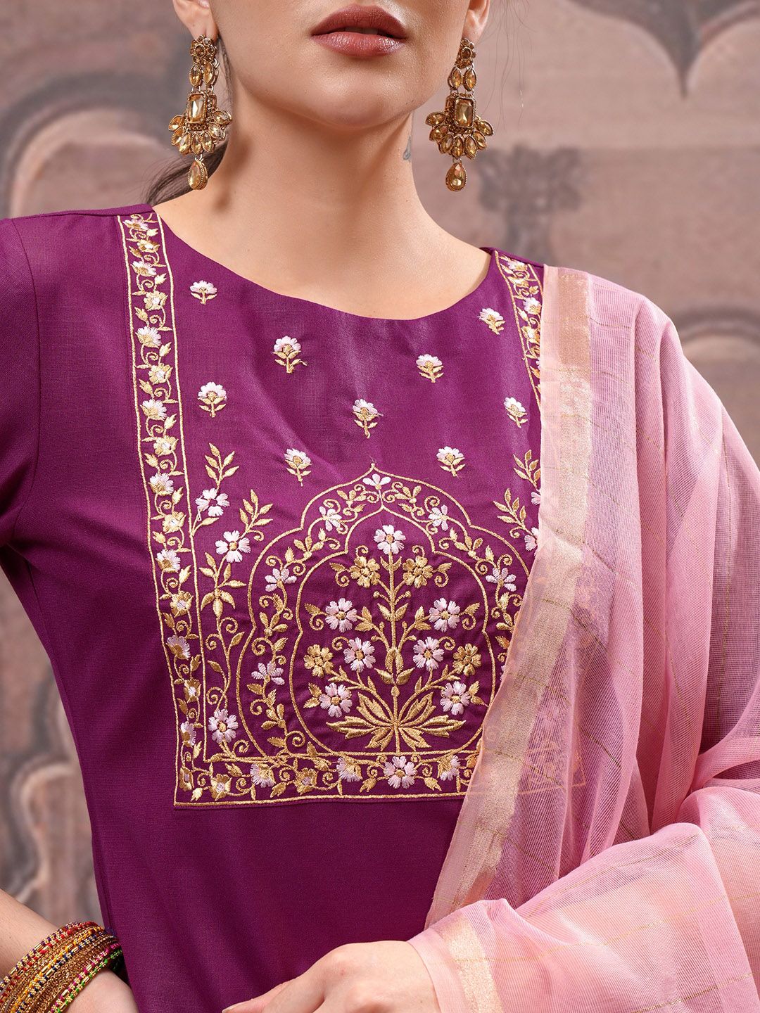 Vishudh Magenta Ethnic Motifs Embroidered Straight Kurta with Trouser & Dupatta - Distacart