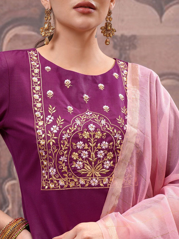 Vishudh Magenta Ethnic Motifs Embroidered Straight Kurta with Trouser & Dupatta