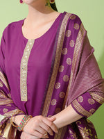 Thumbnail for Vishudh Purple Yoke Design Thread Work Straight Kurta With Palazzos & Dupatta