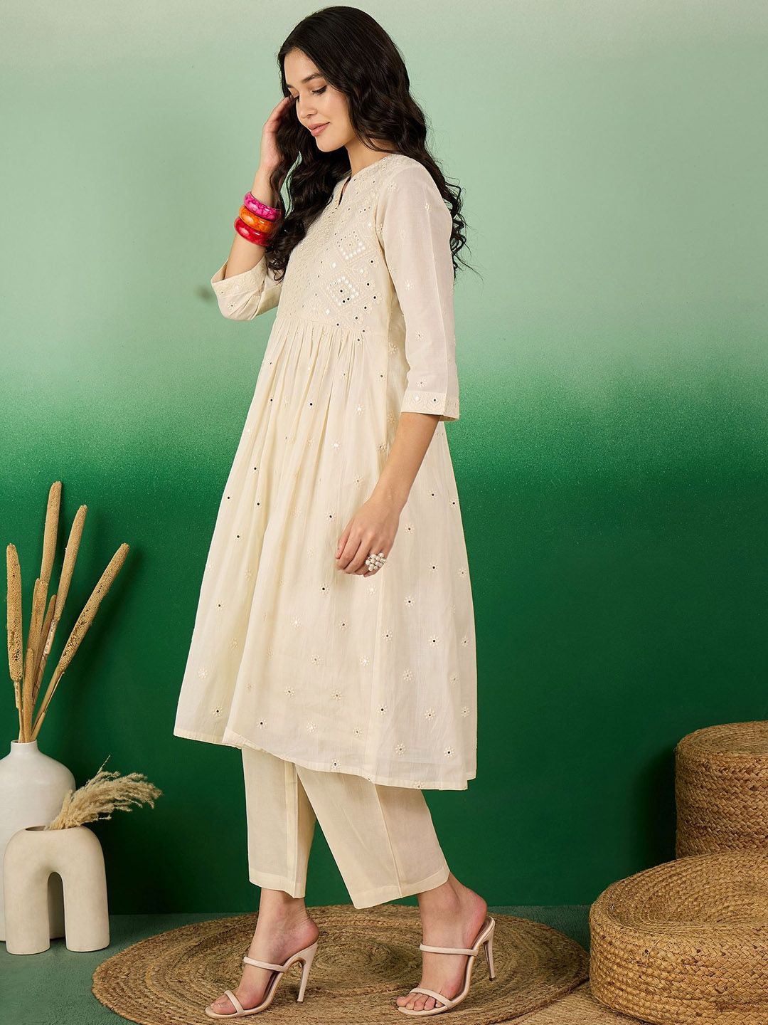 Sangria Off White Floral Embroidered Mirror Work Pure Cotton Anarkali Kurta Set