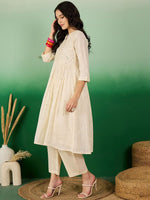 Thumbnail for Sangria Off White Floral Embroidered Mirror Work Pure Cotton Anarkali Kurta Set