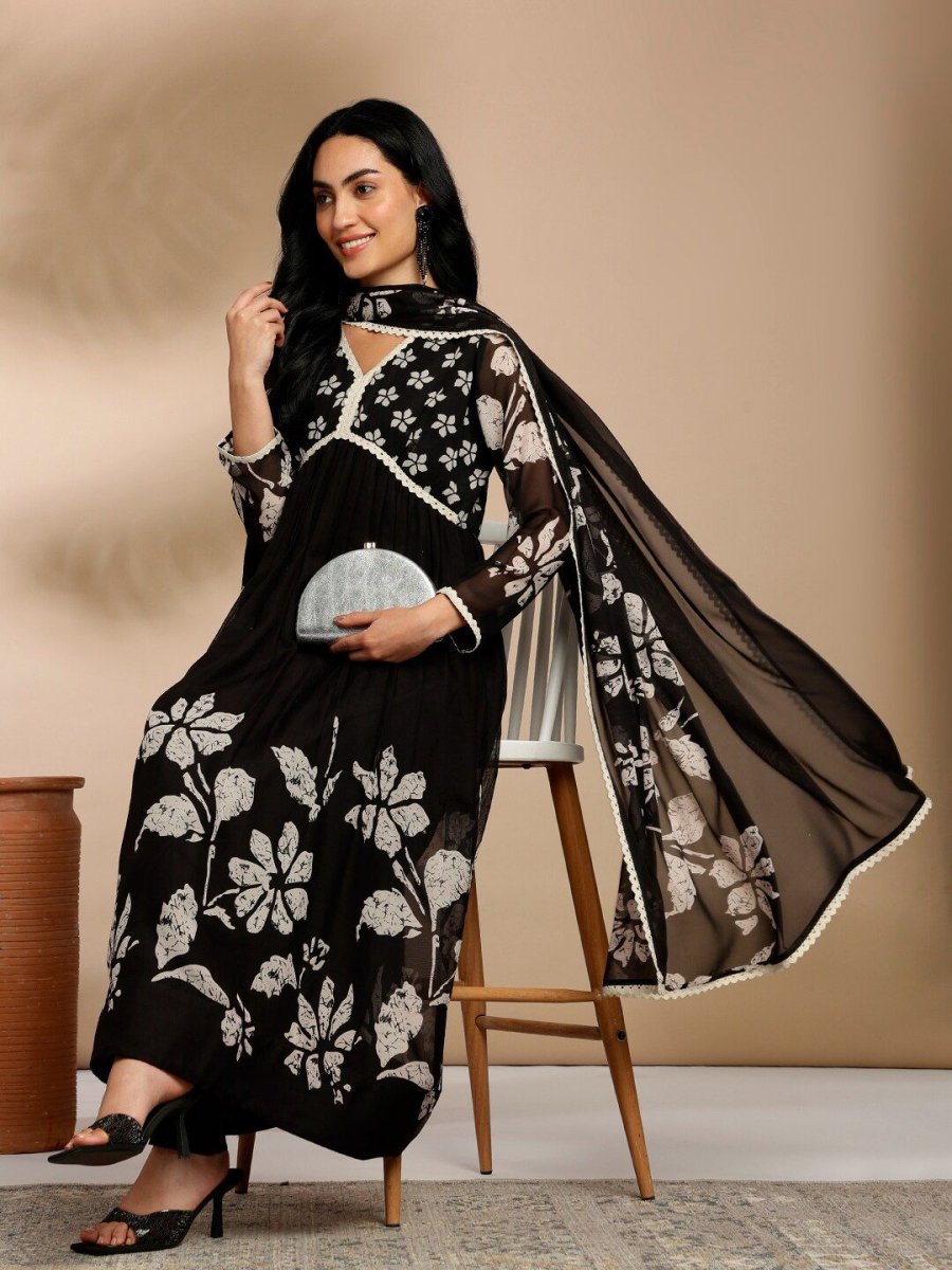 Anouk Floral Printed Empire Thread Work Kurta with Trousers & Dupatta - Distacart