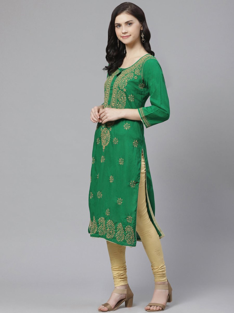 ADA Women Green & Beige Chikankari Embroidered Sustainable Handloom Kurta with Churidar - Distacart