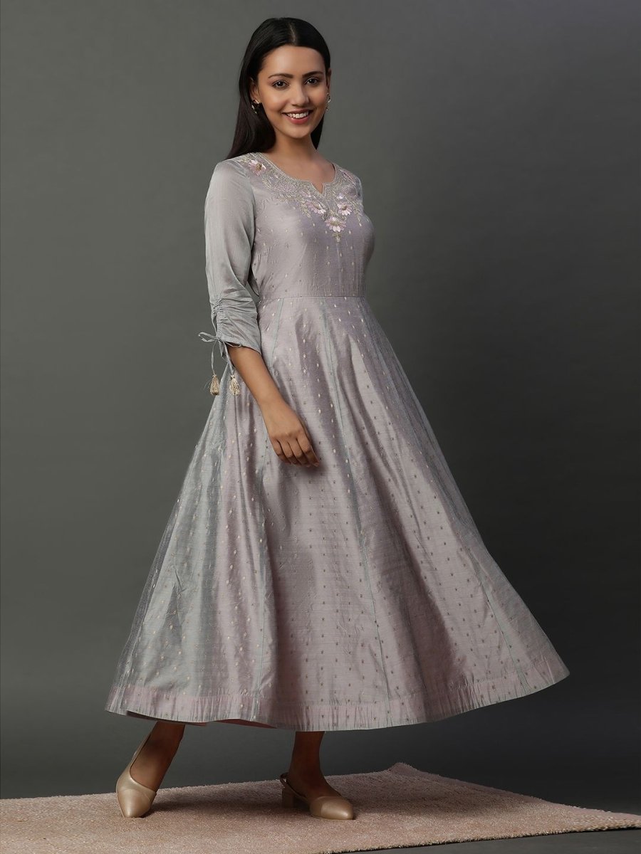 AURELIA Floral Embroidered Round Neck Sequinned Fit & Flare Maxi Ethnic Dress - Distacart