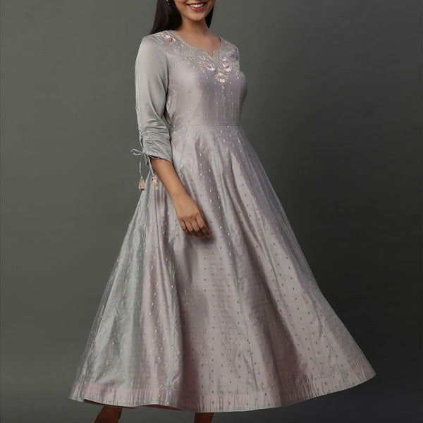 AURELIA Floral Embroidered Round Neck Sequinned Fit & Flare Maxi Ethnic Dress - Distacart