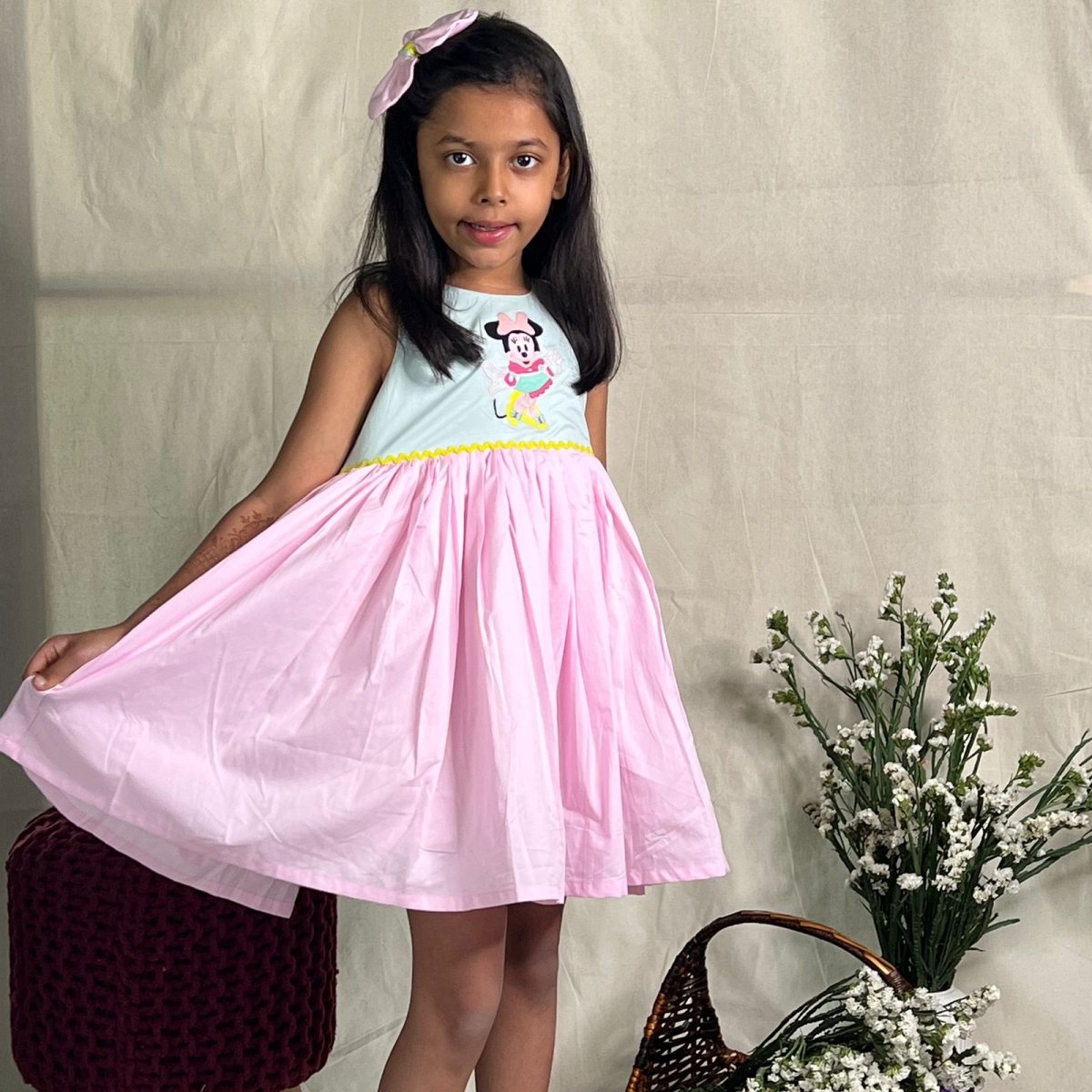 ArthLife Pink And Cyan Minnie Embroidered Dress - Distacart