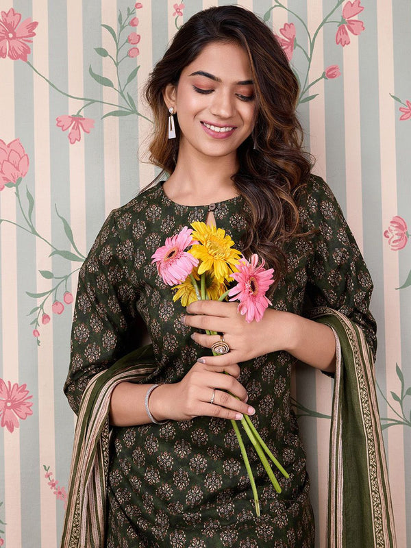 Ode by House of Pataudi Floral Printed Regular Pure Cotton Kurta with Trousers & Dupatta - Distacart