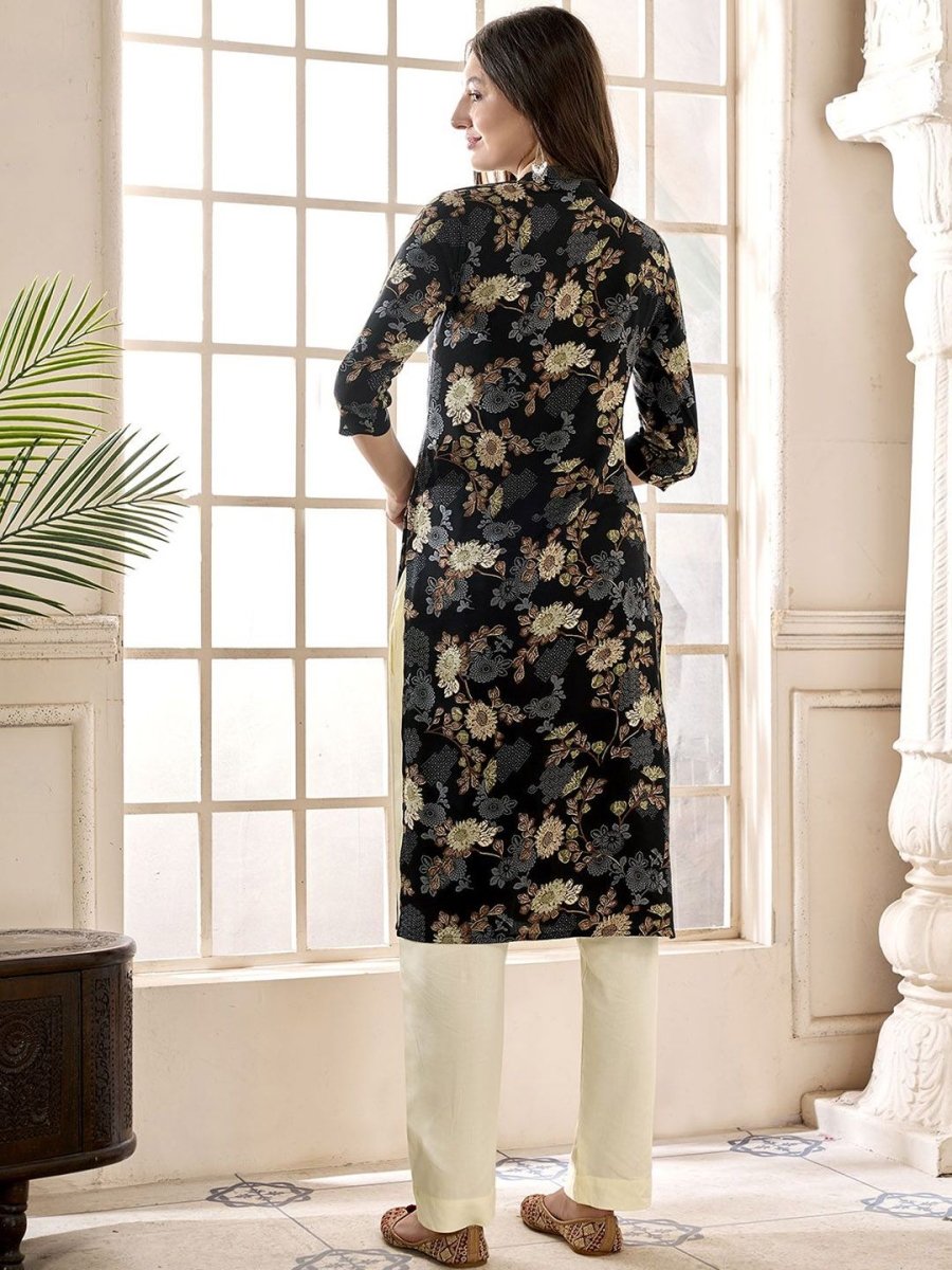 Anouk Black Floral Printed Mandarin Collar Thread Work A-Line Kurta