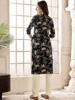 Thumbnail for Anouk Black Floral Printed Mandarin Collar Thread Work A-Line Kurta