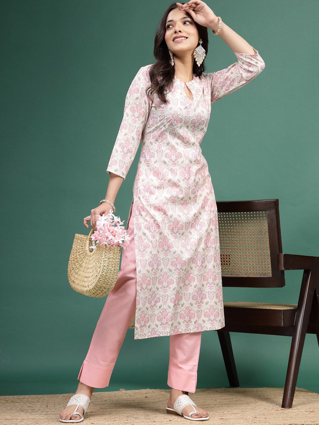 Sangria Floral Printed Cotton Notch Neck Straight Kurta - Distacart