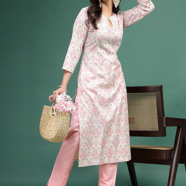 Sangria Floral Printed Cotton Notch Neck Straight Kurta - Distacart