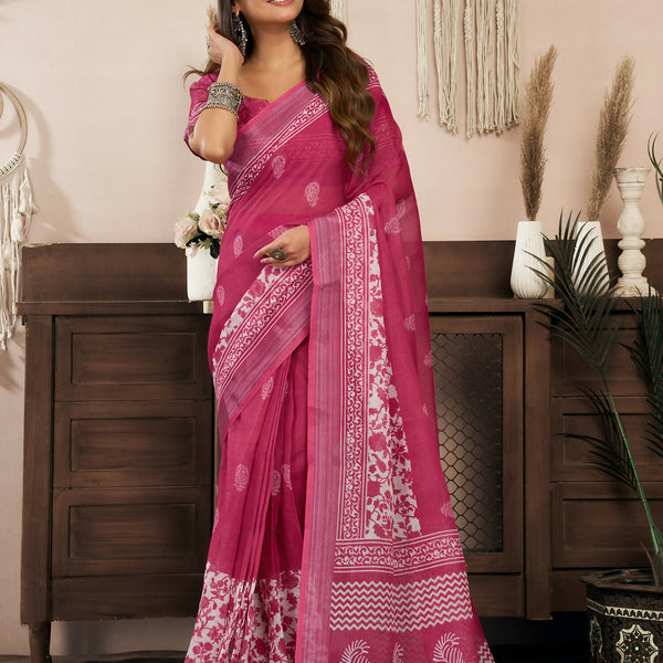 Joban Fashion Pink Floral Linen Ready To Wear Saree With Unstitched Blouse - Distacart