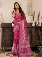 Thumbnail for Joban Fashion Pink Floral Linen Ready To Wear Saree With Unstitched Blouse - Distacart