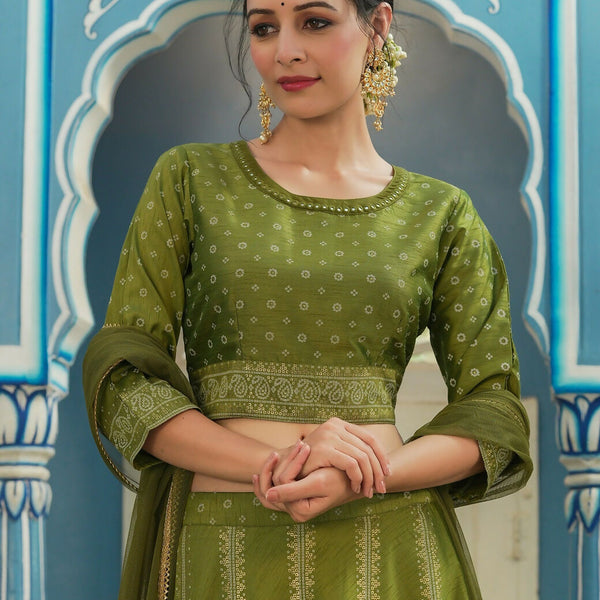 Juniper Green Bandhani Printed Shantoon Slub Lehenga Choli & Net Dupatta Set. - Distacart