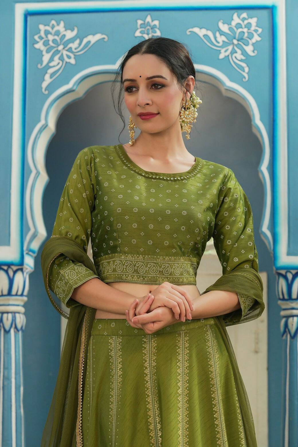 Juniper Green Bandhani Printed Shantoon Slub Lehenga Choli & Net Dupatta Set. - Distacart