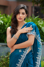 Thumbnail for Vastranavya Teal Embroidery Work Shimmer Chiffon Saree with Unstitched Blouse