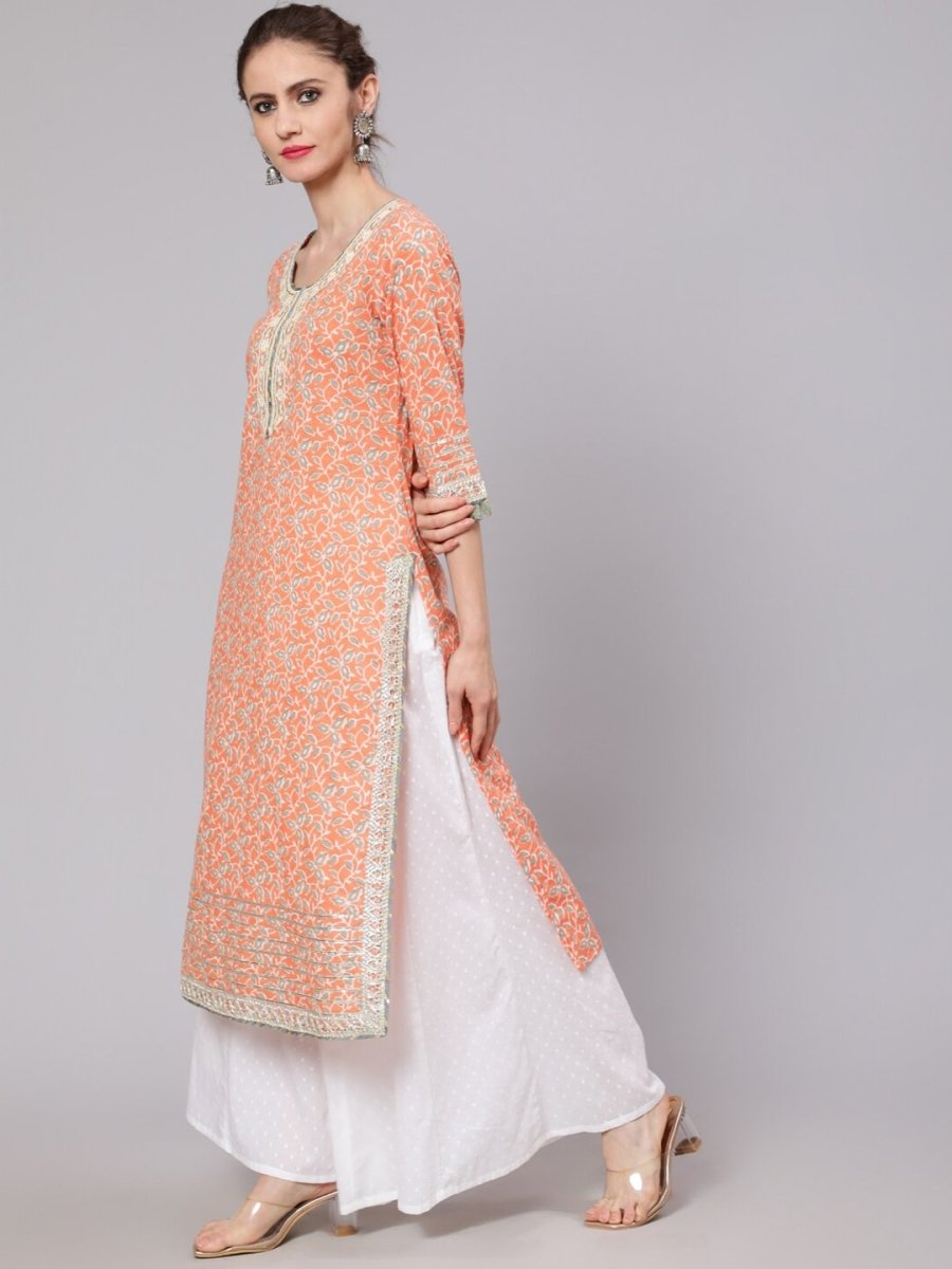 Aks Floral Printed Round Neck Cotton Straight Kurta - Distacart