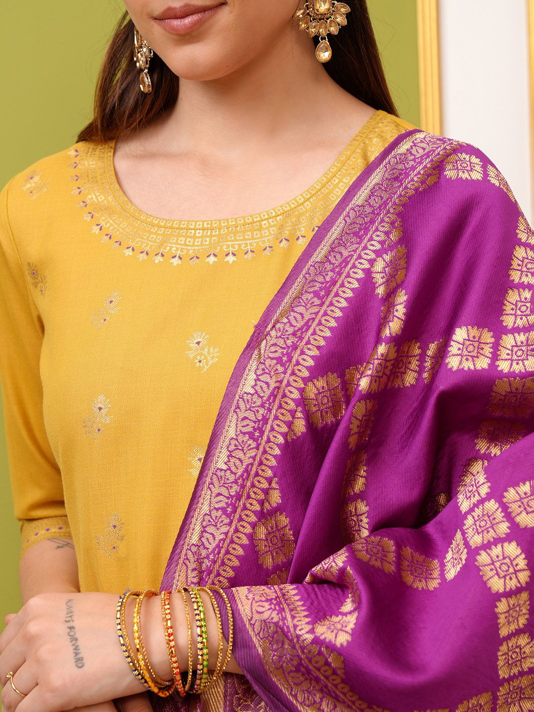 Vishudh Yellow Ethnic Motifs Printed Regular Kurta With Palazzos & Dupatta - Distacart