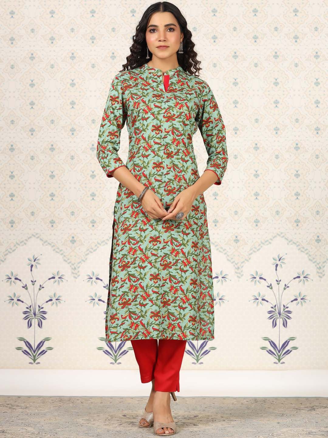 Ode by House of Pataudi Green Floral Printed Straight Kurta - Distacart