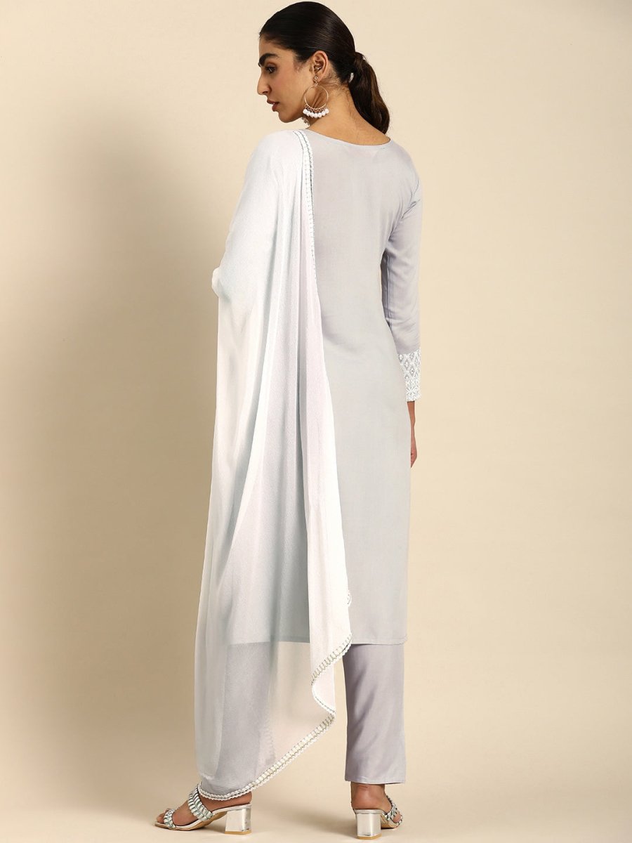 All About You Women Embroidered Chikankari Kurta With Trousers & With Dupatta - Distacart