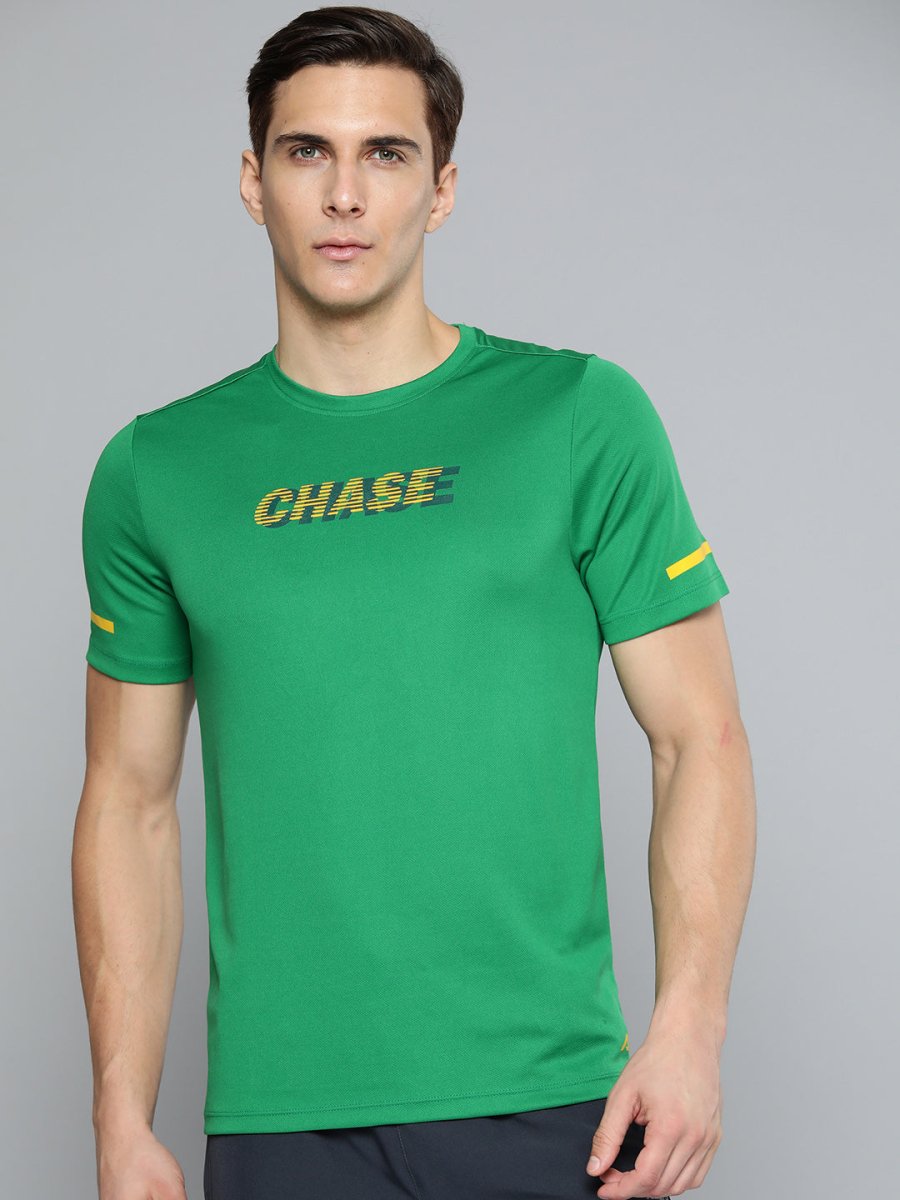 Alcis Men Green & Yellow Typography Printed Slim Fit Running T-shirt - Distacart