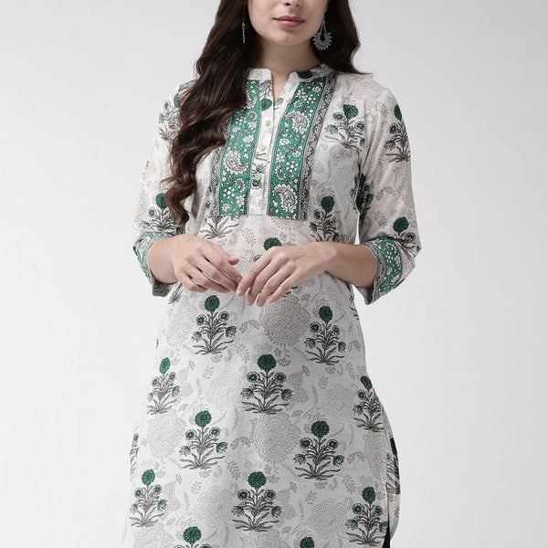 Anouk Off White Ethnic Motifs Printed Mandarin Collar Cotton Straight Kurta - Distacart