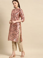 Thumbnail for All About You Women Dusty Pink Floral Block Print Chanderi Silk Blend Straight Kurta - Distacart