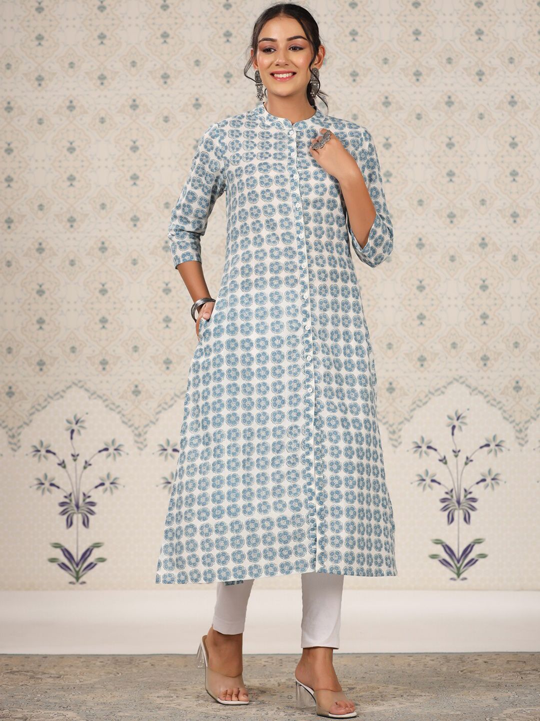 Ode by House of Pataudi Floral Printed Mandarin Collar Cotton A-Line Kurta With Front Slit - Distacart