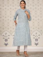 Thumbnail for Ode by House of Pataudi Floral Printed Mandarin Collar Cotton A-Line Kurta With Front Slit - Distacart