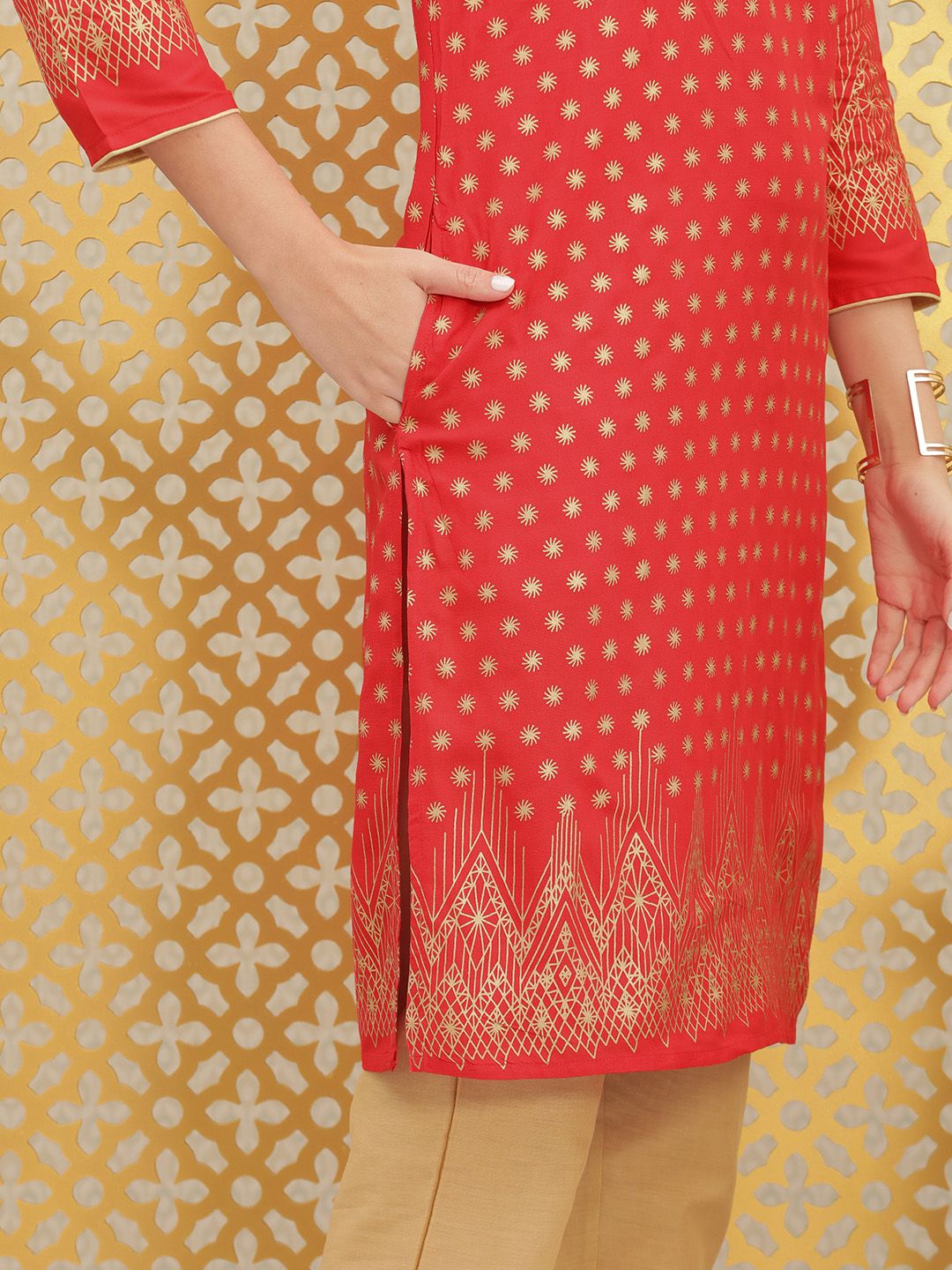 Ode by House of Pataudi Women Red & Gold-Toned Ethnic Motifs Printed Block Print Brocade Kurta - Distacart