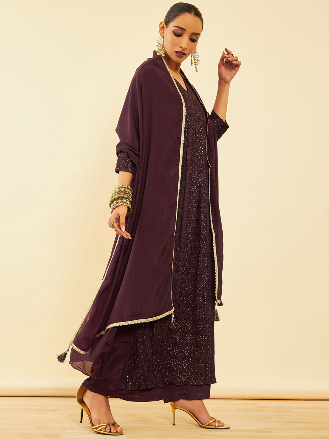 Soch Floral Embroidered Sequinned Kurta With Palazzos & Dupatta - Distacart