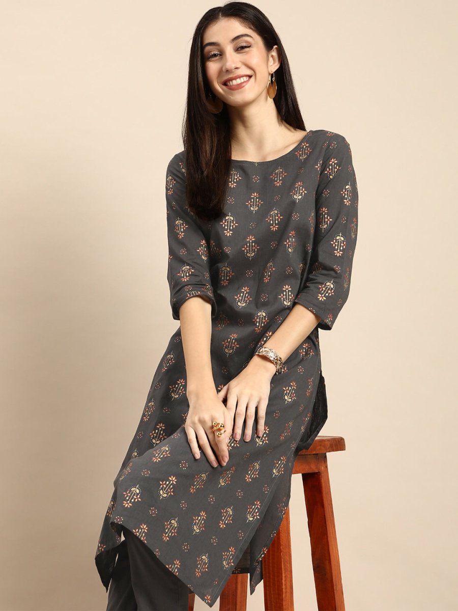 All About You Women Grey Ethnic Motifs Printed Pure Cotton Kurta with Trousers - Distacart