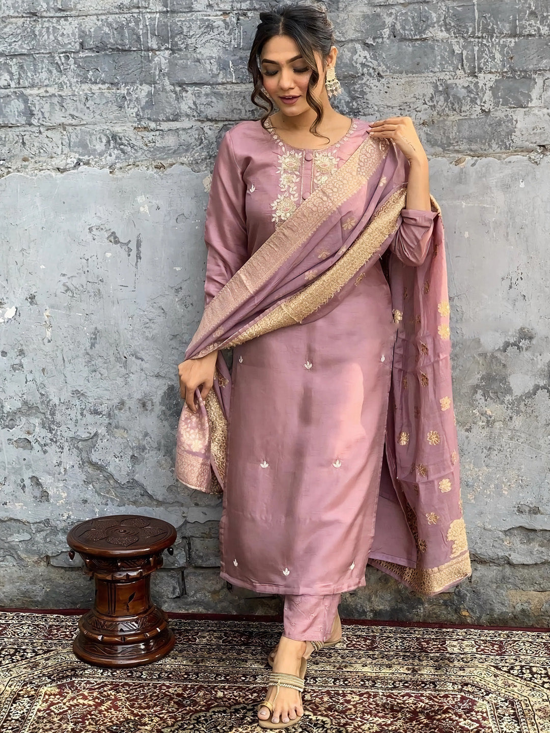 Kalini Ethnic Motifs Embroidered Zari Chanderi Cotton Kurta With Trousers & Dupatta - Distacart