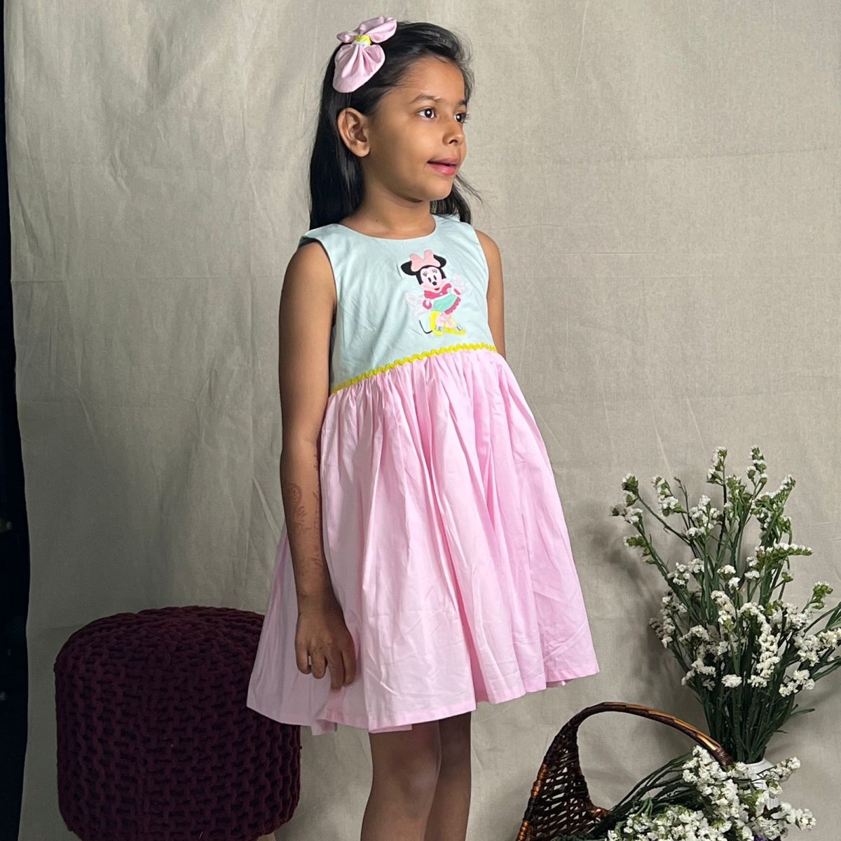 ArthLife Pink And Cyan Minnie Embroidered Dress - Distacart