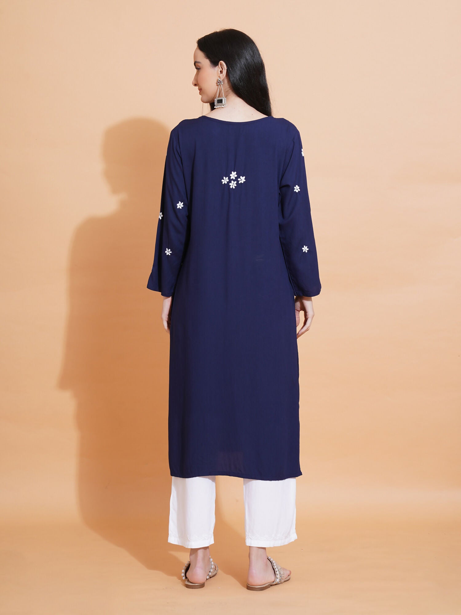 Pahnaz Luxury Rayon Chikankari Long Kurti-Blue - Dista