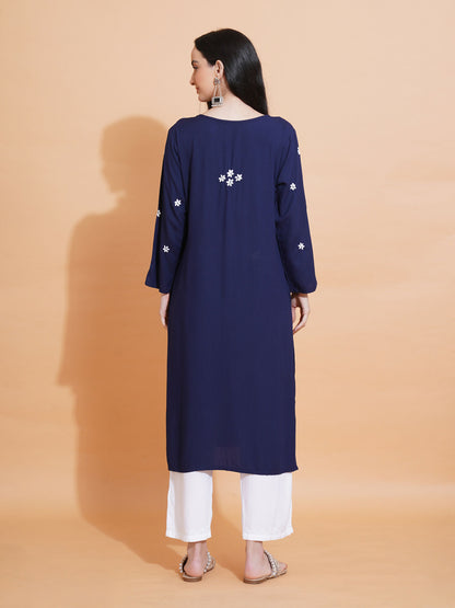 Pahnaz Luxury Rayon Chikankari Long Kurti-Blue - Dista