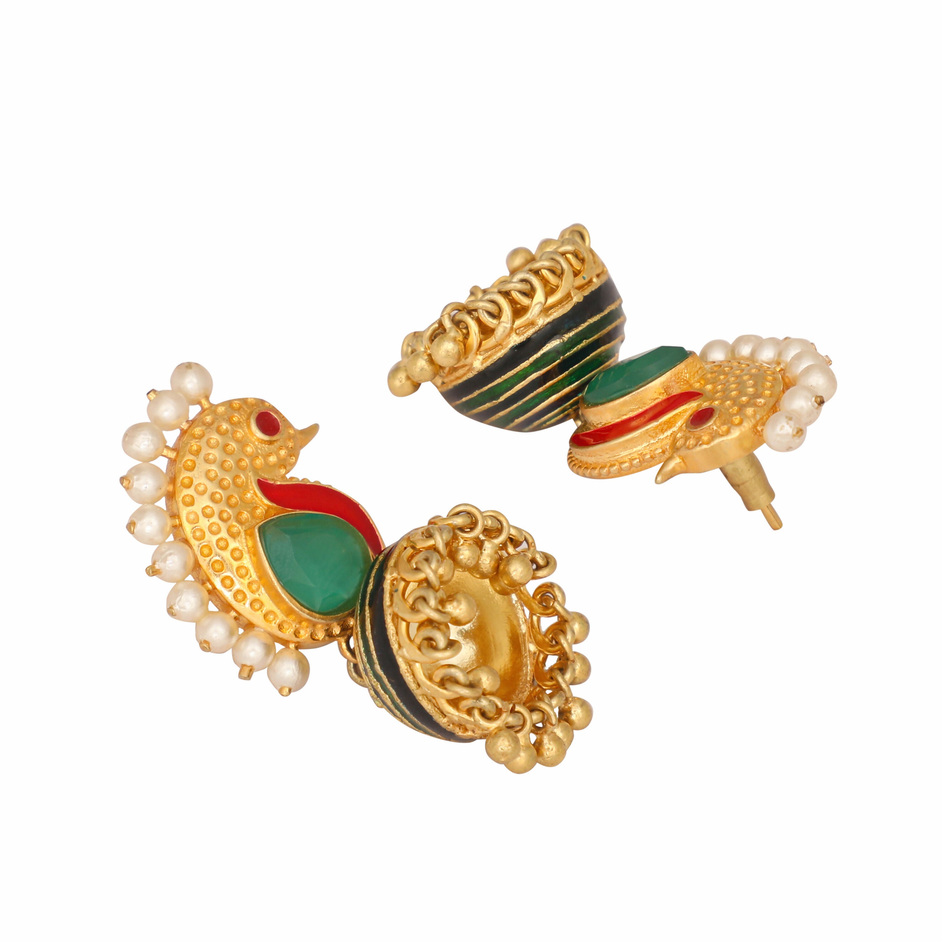 Nuyug 22K Gold Plated Pearls Studded Contemporary Shaped Enamel Jhumkas