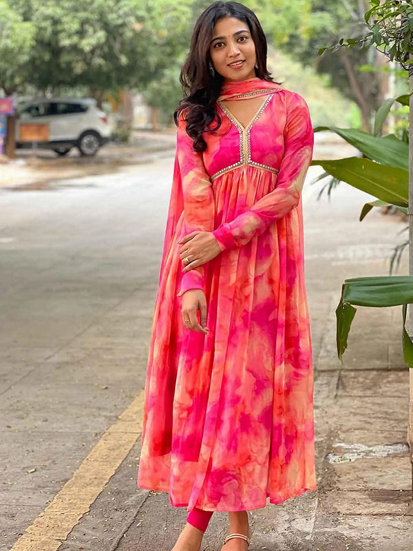 Kalini Ethnic Motifs Printed Pleated Mirror Work Empire Kurta with Trousers & Dupatta - Distacart