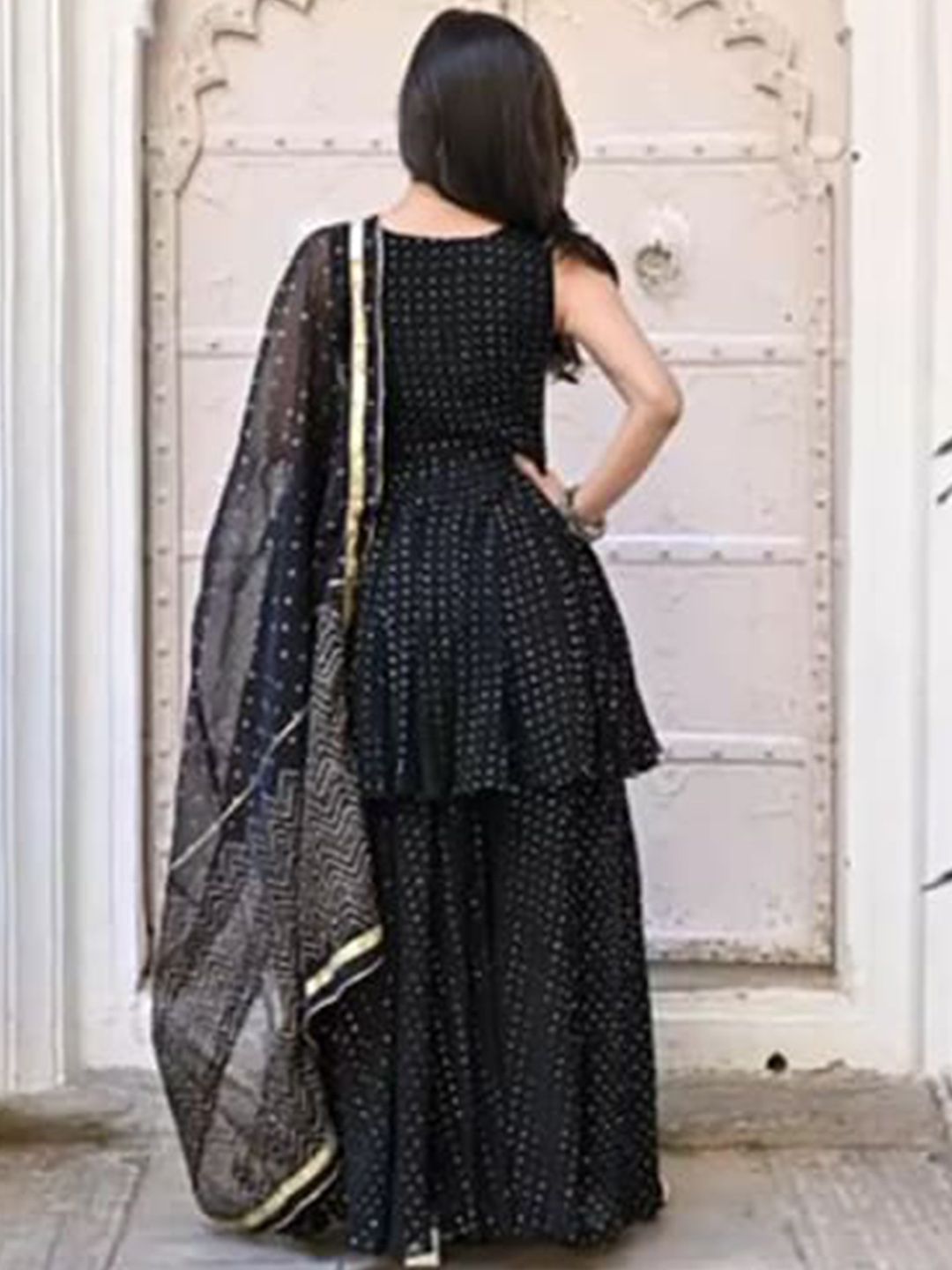 Kalini Geometric Printed Round Neck A-line Kurti with Sharara Dupatta - Distacart