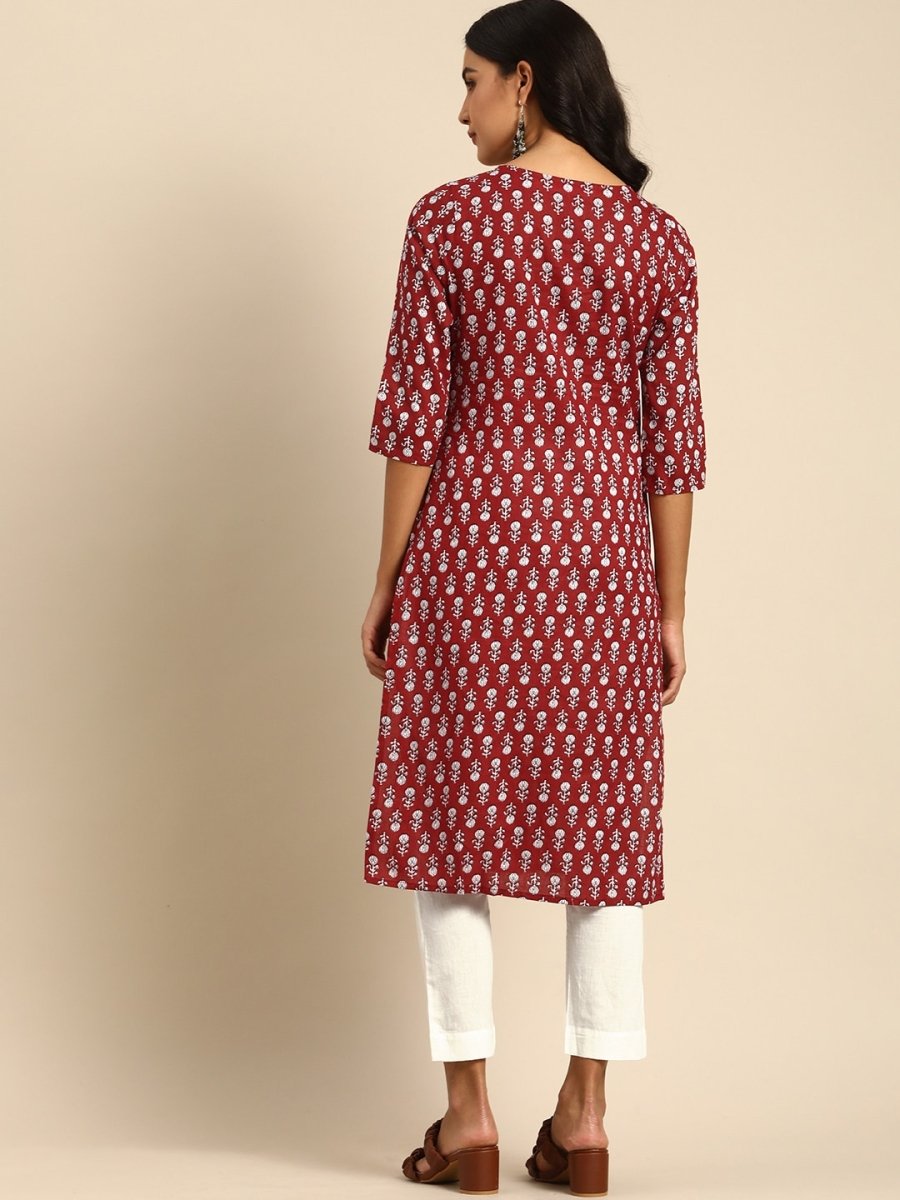 All About You Women Maroon Printed Pure Cotton Kurta with Trousers - Distacart