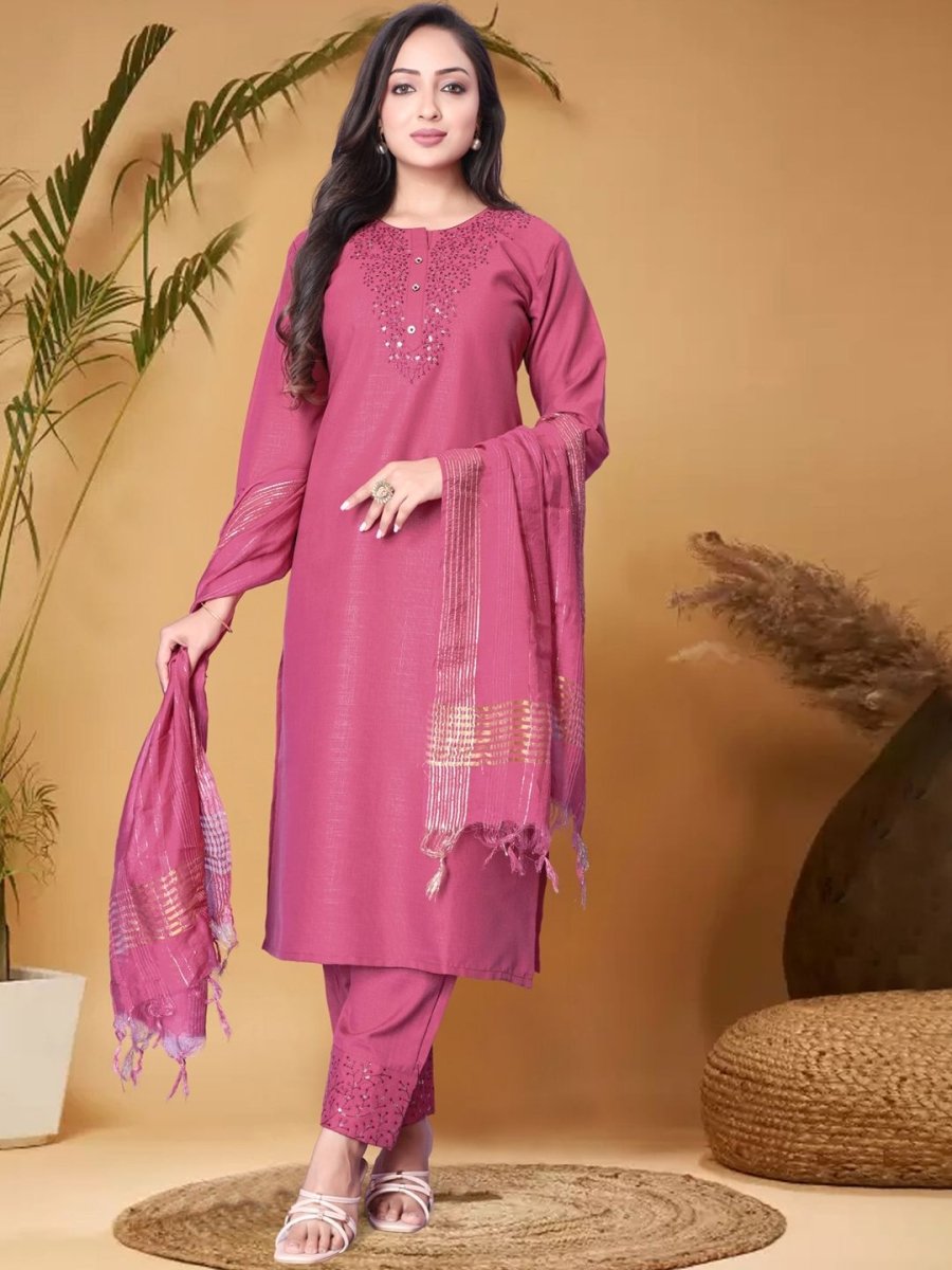 Anouk Pink Ethnic Motifs Yoke Design Sequined Straight Kurta with Trouser & Dupatta - Distacart