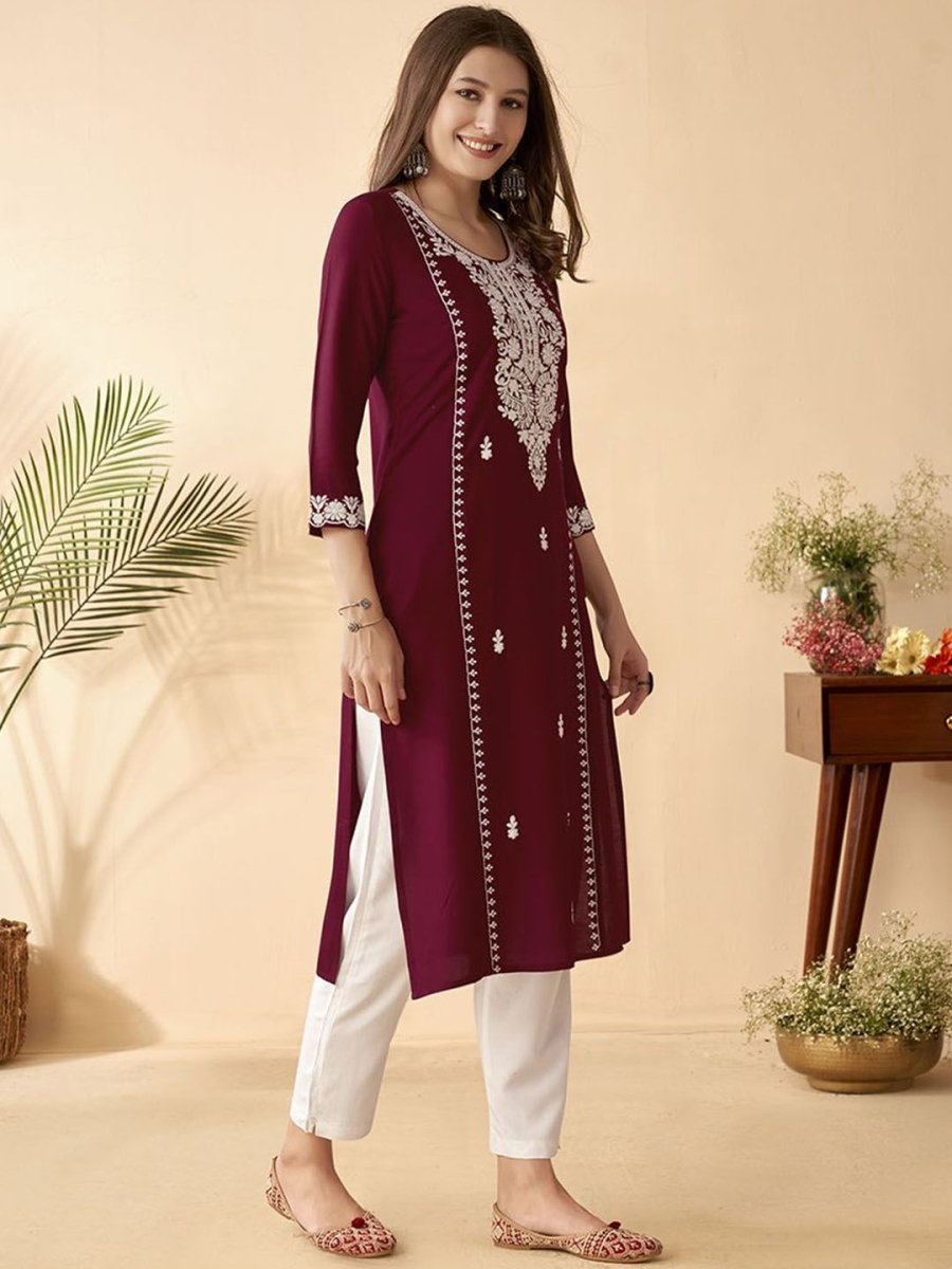 Anouk Maroon Ethnic Motifs Embroidered Round Neck Thread Work Straight Kurta
