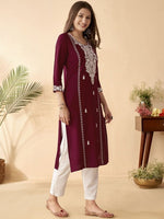 Thumbnail for Anouk Maroon Ethnic Motifs Embroidered Round Neck Thread Work Straight Kurta