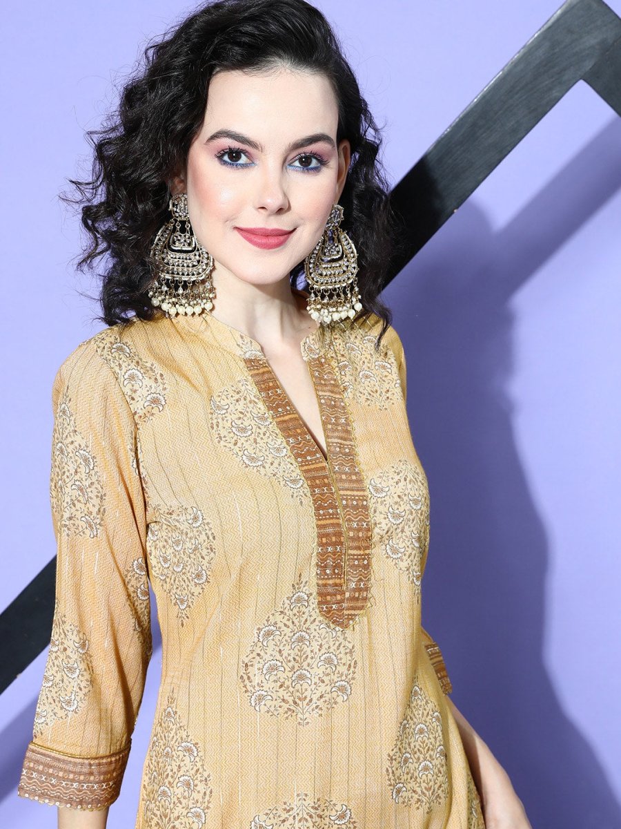 All About You Beige Floral Printed Regular Gotta Patti Liva Kurta With Palazzos - Distacart